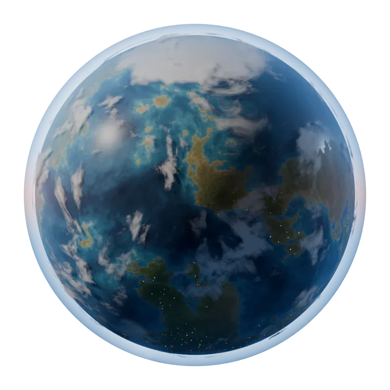 Gerenderter blauer Planet mit Wolken, Kontinenten und schwach leuchtenden Lichtern auf der Nachtseite