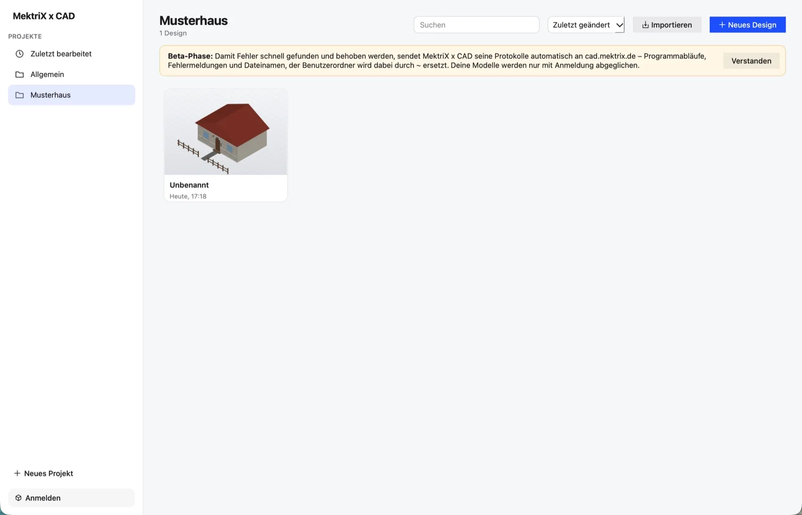 Projektübersicht mit dem Projekt Musterhaus und einer Karte mit Vorschaubild des Hauses